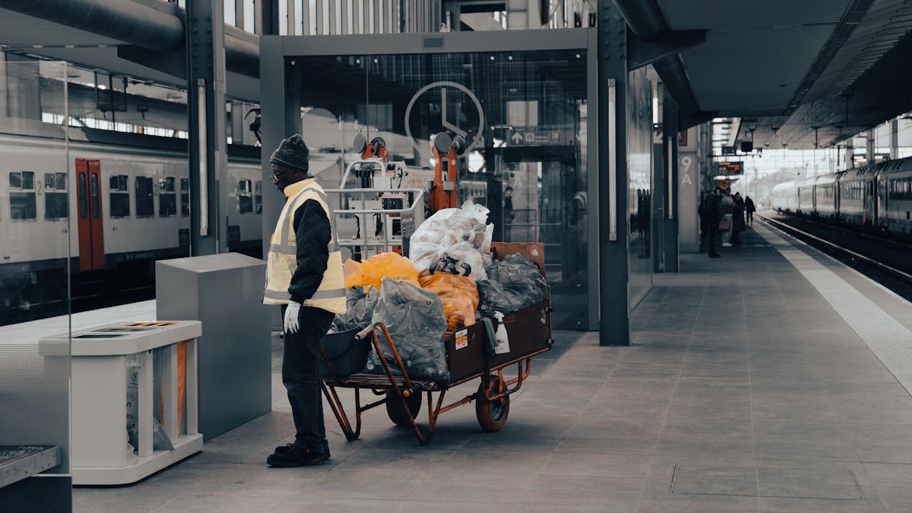 Worker at railway station with a cart full of trash bags beside the tracks, in warm attire.